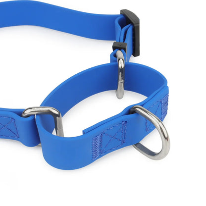 Détail des anneaux métalliques du collier d’entraînement pour chien en PVC bleu avec poignée de contrôle.