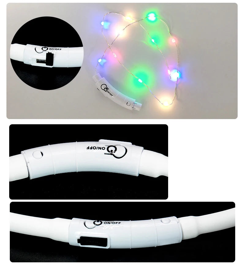 Détails du boîtier blanc d’un collier lumineux pour chien avec bouton et port de charge.