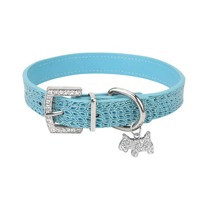 Collier élégant pour chien en cuir PU bleu avec pendentif chiot en strass.