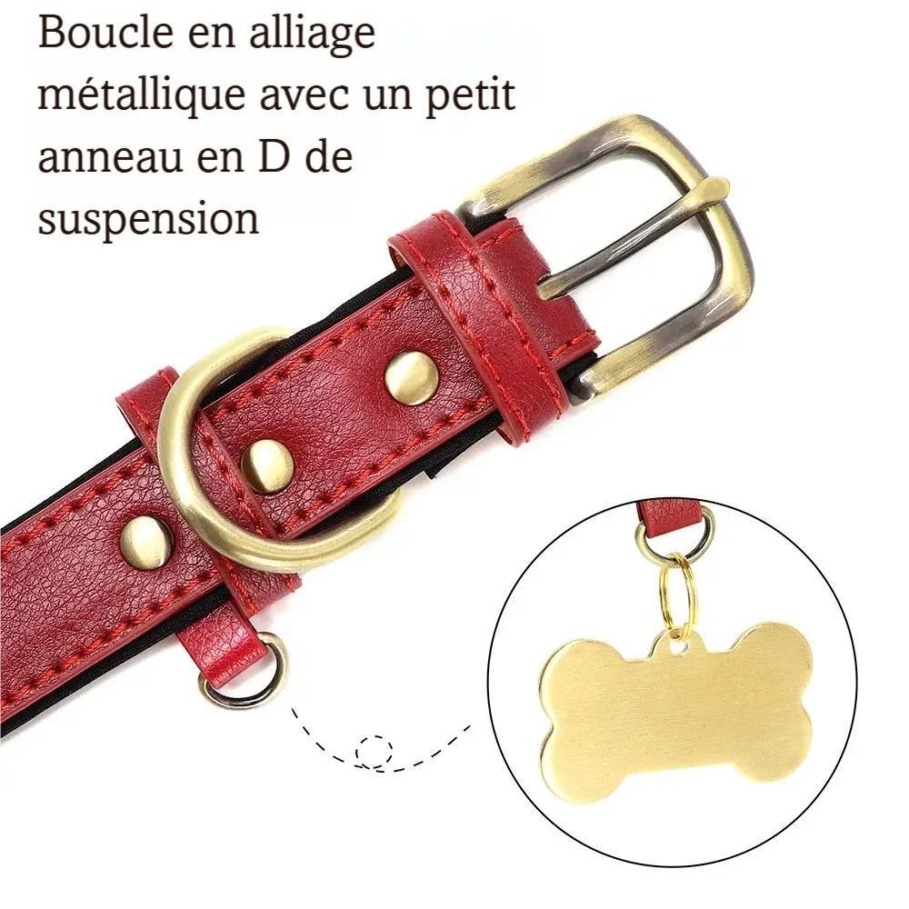 Détail de la boucle métal et de l’anneau D sur collier pour chien en cuir PU rouge présenté sur un fond blanc.
