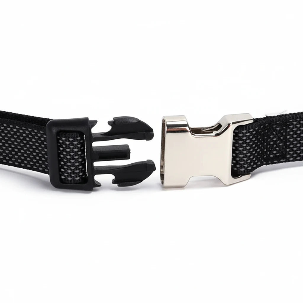 Détail de la boucle de réglage métallique sur un collier martingale noir pour chien sur fond blanc.