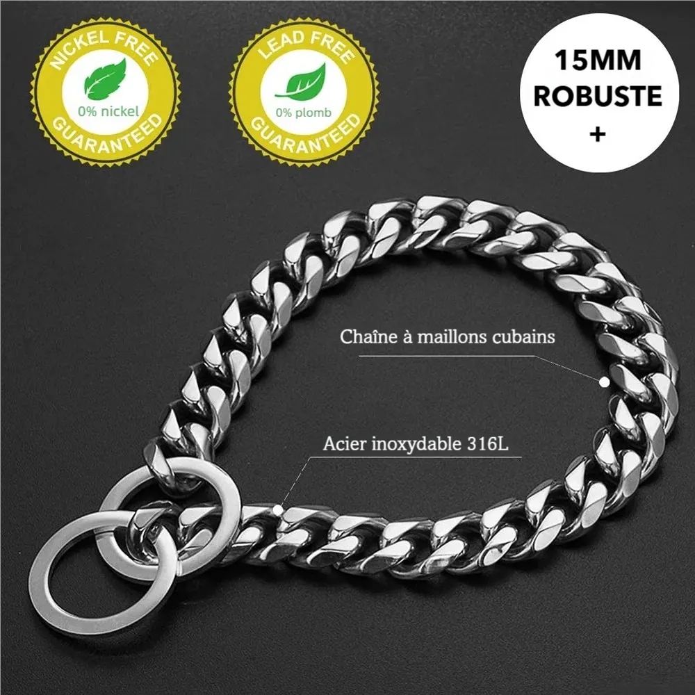 Infographie d’un collier chaîne argenté pour chien avec indication 15 mm et détails matière.