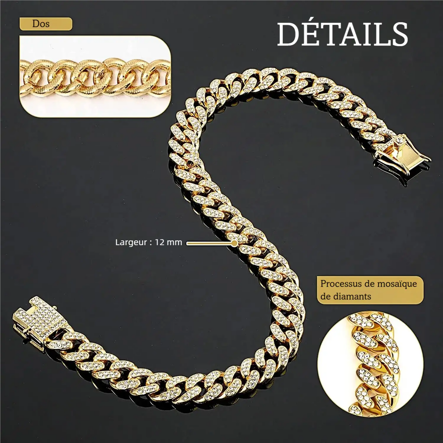 Visuel détail d’un collier chaîne doré pour chien avec strass et largeur indiquée de 12 mm.