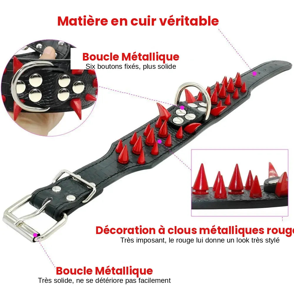Image détaillée d’un collier en cuir pour chien montrant la boucle, les clous et les pointes rouges.