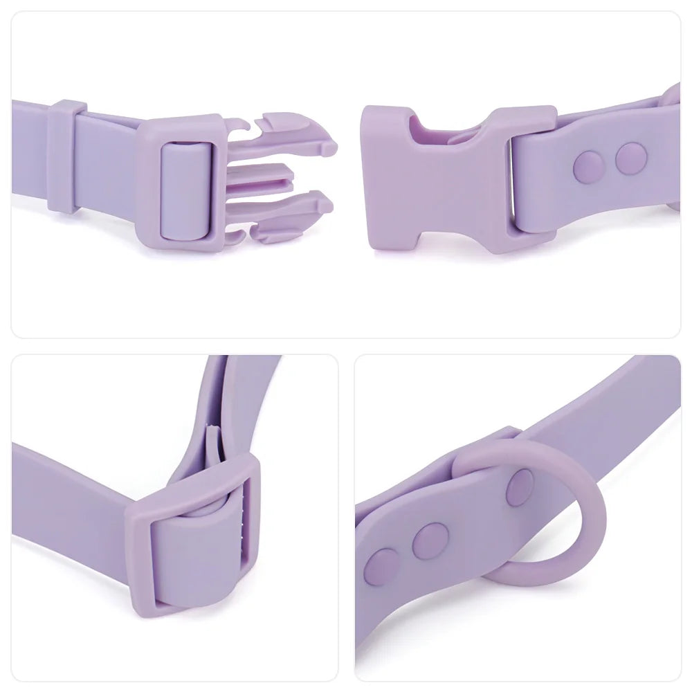 Gros plan sur la fermeture et l’anneau d’un collier pour chien en PVC lilas.