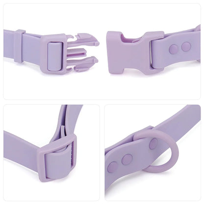 Gros plan sur la fermeture et l’anneau d’un collier pour chien en PVC lilas.