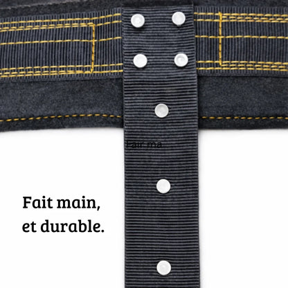 Détail rapproché du collier large montrant la sangle, les rivets et les coutures.