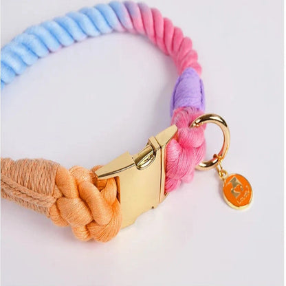 Détail de la corde torsadée pastel et de l’anneau doré du collier multicolore.