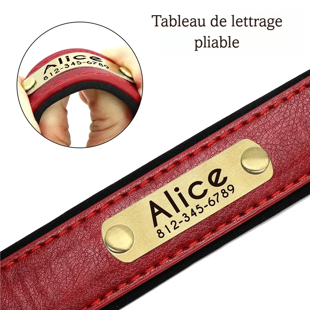 Détail de la plaque personnalisée souple sur collier pour chien en cuir PU rouge.
