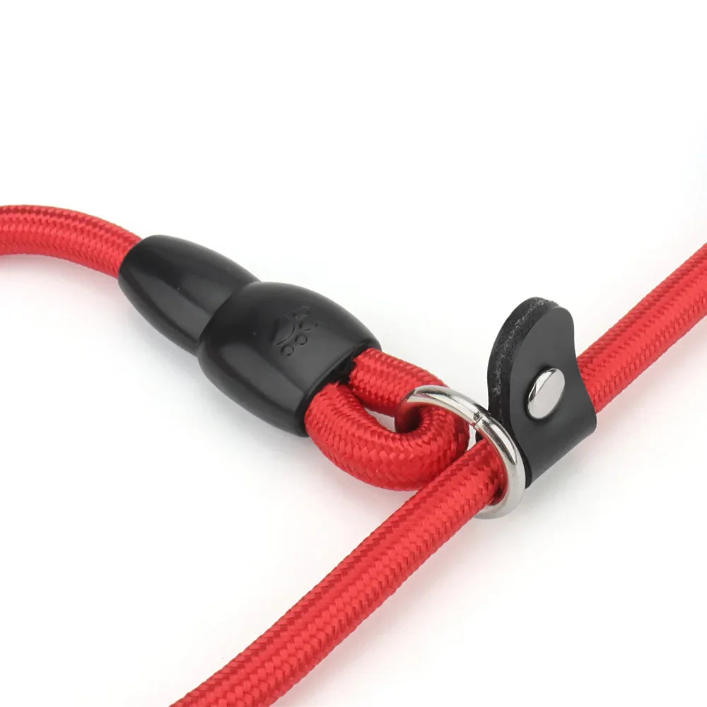 Gros plan sur le système coulissant d’un collier rouge pour chien en nylon imitation corde sur fond blanc.