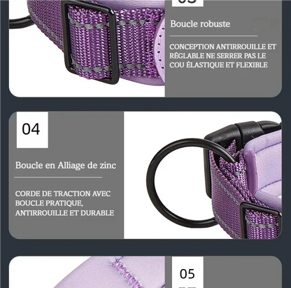 Détails de la boucle réglable et de l’anneau du collier pour chien compatible AirTag violet.