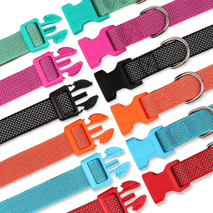 Détail des clips de fermeture sur plusieurs colliers réfléchissants pour chien.