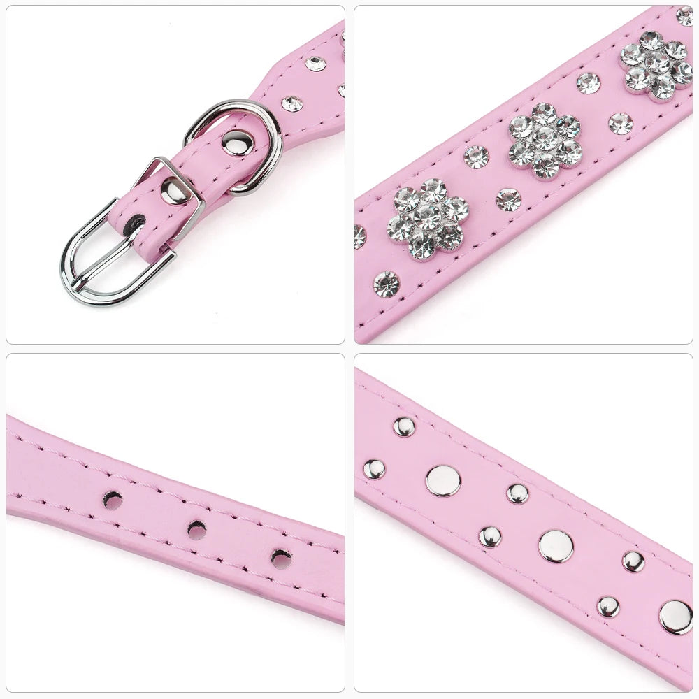 Gros plan sur les finitions du collier de luxe pour chien en cuir PU rose.