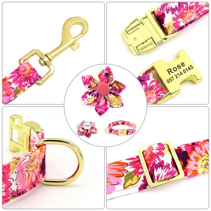 Gros plan sur les finitions en acier du collier floral pour chien.
