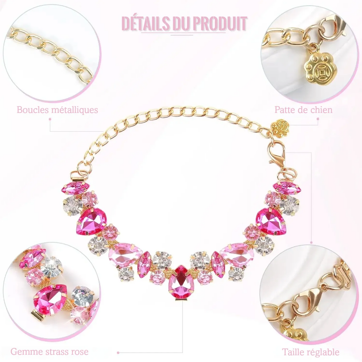 Collier rose pour chien présenté avec zooms sur la chaîne, le fermoir et les pierres.