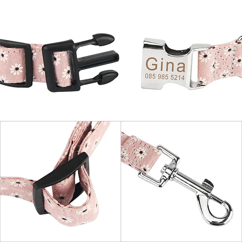 Gros plan sur les différentes parties métalliques et en plastique du collier en nylon imprimé fleuri rose.