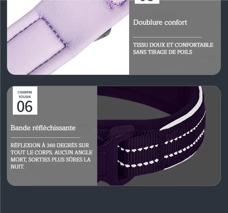 Détails de la doublure confortable et de la bande réfléchissante du collier pour chien.
