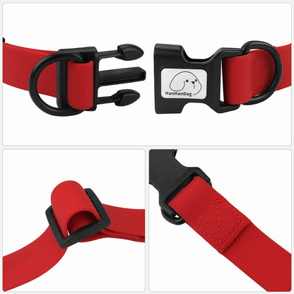 Détails de la fermeture clip, du passant et des coutures du collier rouge pour chien.