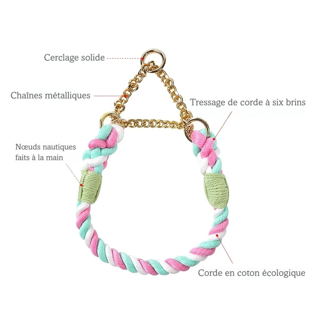 Visuel explicatif des composants du collier chien en coton tressé et acier inoxydable.