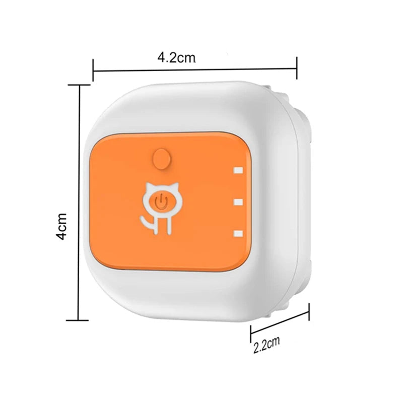 Schéma des dimensions du boîtier GPS blanc et orange sur fond blanc.