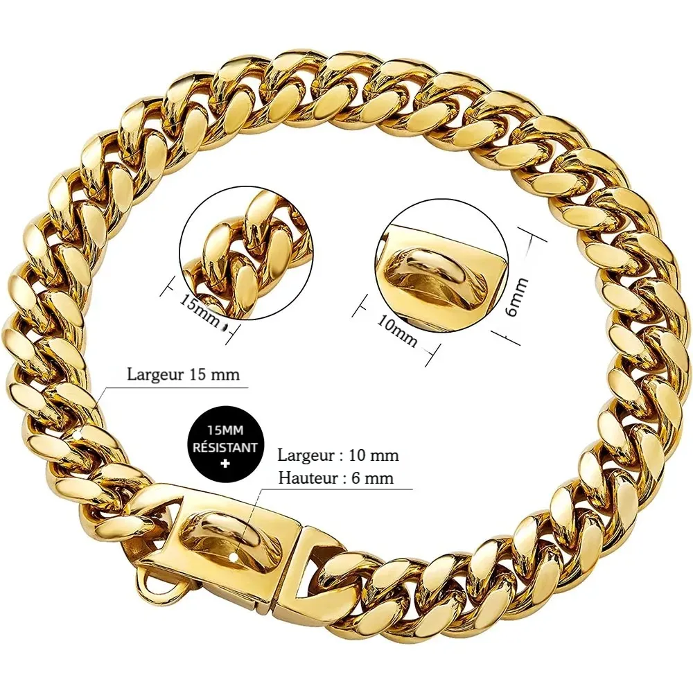 Schéma de dimensions du collier chaîne doré pour chien avec largeur de 15 mm.