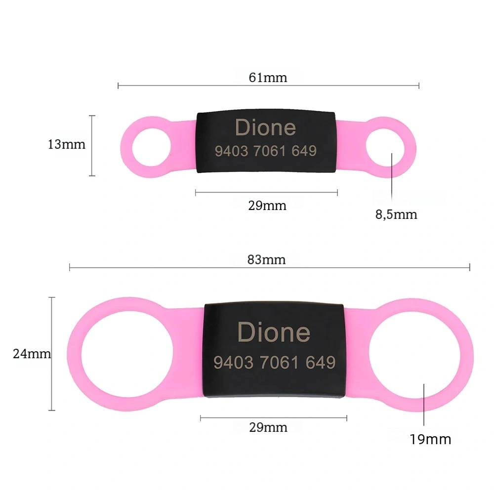 Visuel des dimensions de deux tailles d’étiquette pour collier de chien sur fond blanc.