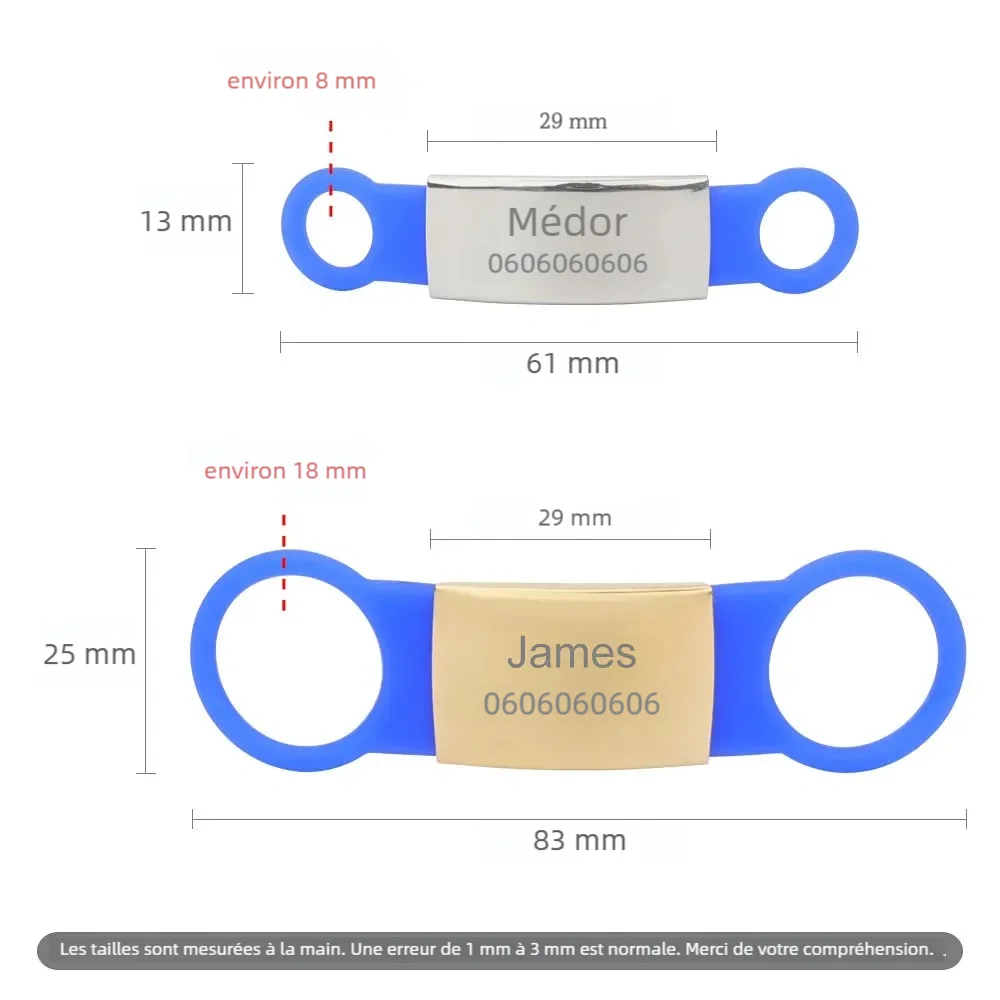 Visuel des dimensions de deux tailles d’étiquette pour collier de chien.