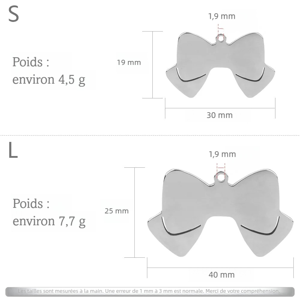 Schéma des dimensions du pendentif nœud papillon en tailles S et L.