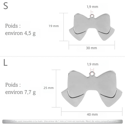Schéma des dimensions du pendentif nœud papillon en tailles S et L.