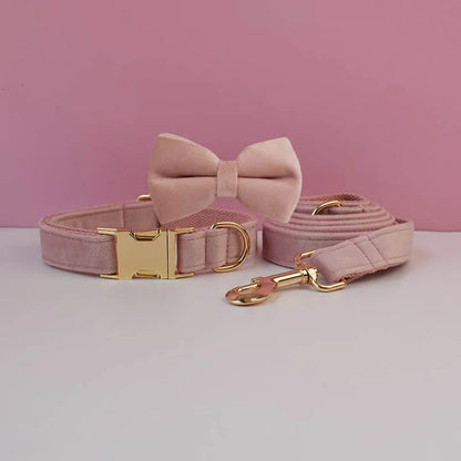 Ensemble collier et laisse pour chien en velours rose pâle avec nœud papillon.