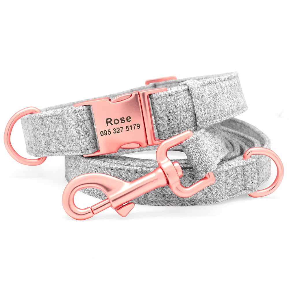 Ensemble collier et laisse gris pour chien avec boucle métal gravée rose sur fond blanc.