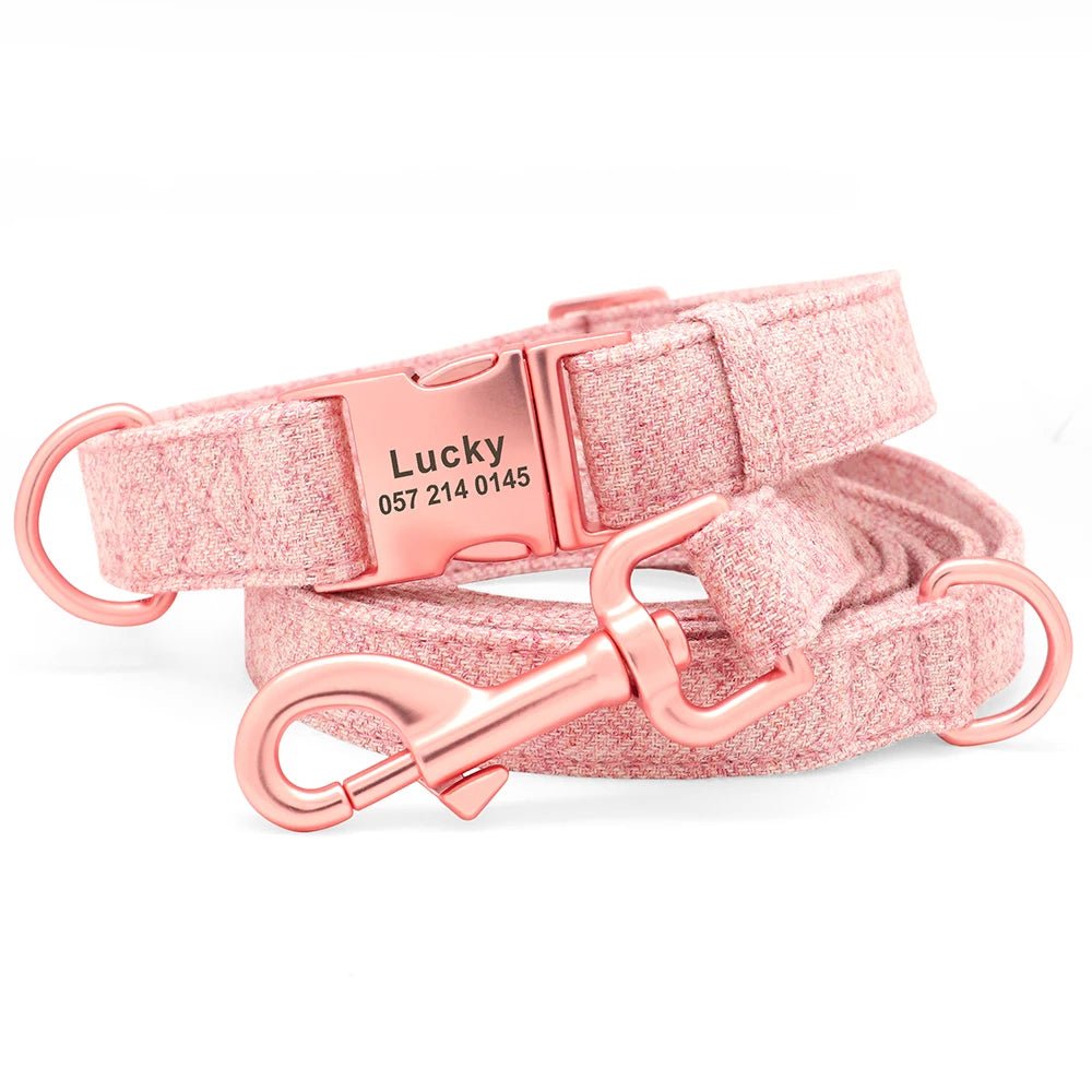 Ensemble collier et laisse rose pour chien avec boucle métal gravée rose sur fond blanc.