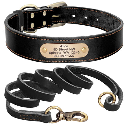 Ensemble collier et laisse pour chien en cuir doux noir avec plaque gravée sur fond blanc.