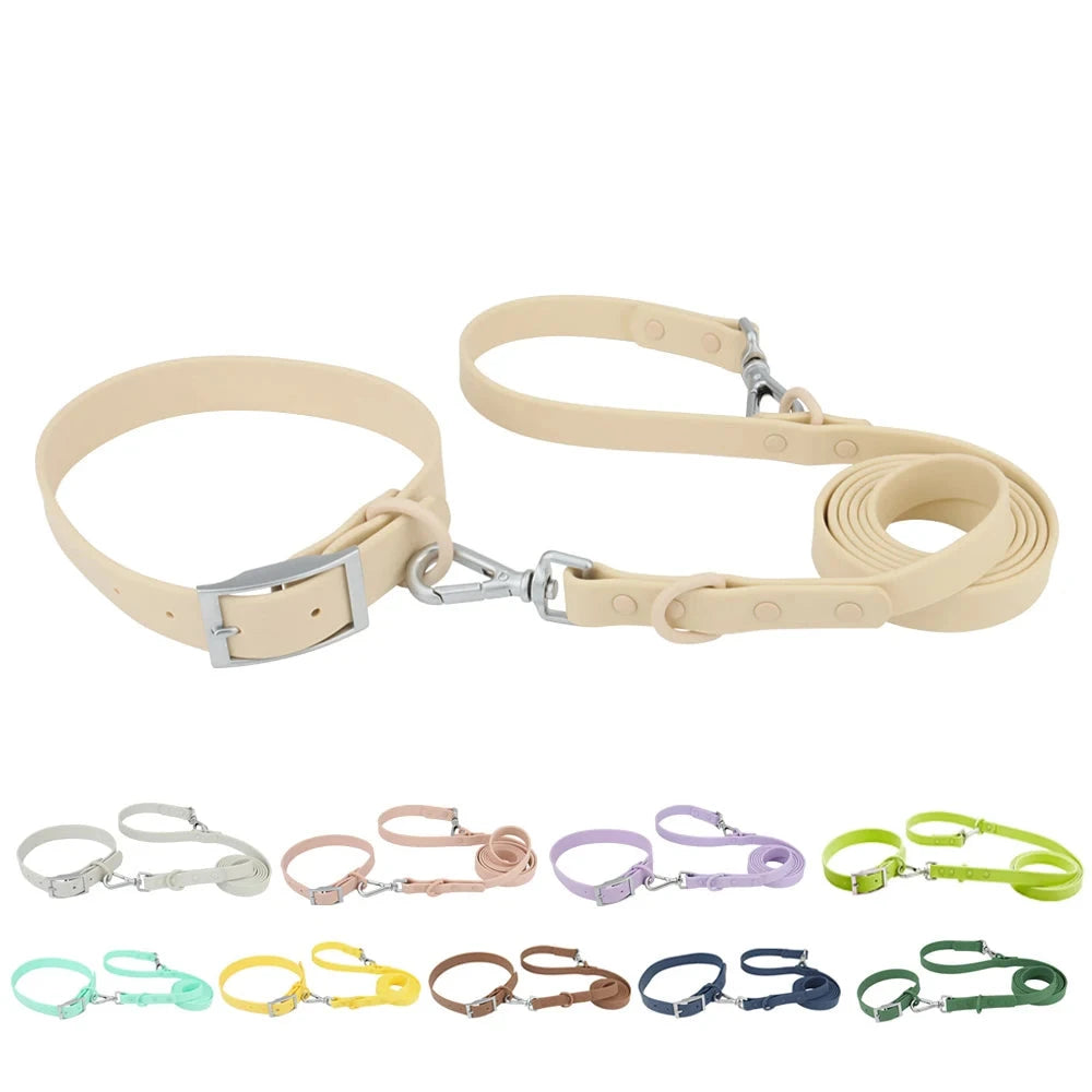 Ensemble collier et laisse pour chien en PVC beige avec aperçu des coloris disponibles en bas de l'image.