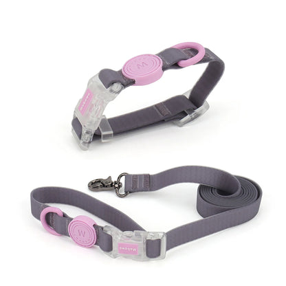 Ensemble collier et laisse pour chien gris et rose avec boucle transparente présenté sur fond blanc.