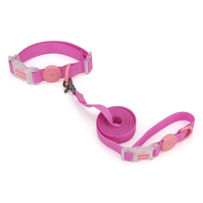 Ensemble collier et laisse pour chien rose avec boucle transparente présenté sur fond blanc.