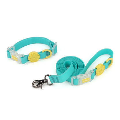 Ensemble collier et laisse pour chien turquoise et jaune avec boucle transparente présenté sur fond blanc.
