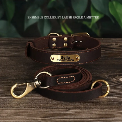 Ensemble collier et laisse chien en cuir personnalisable avec plaque gravée