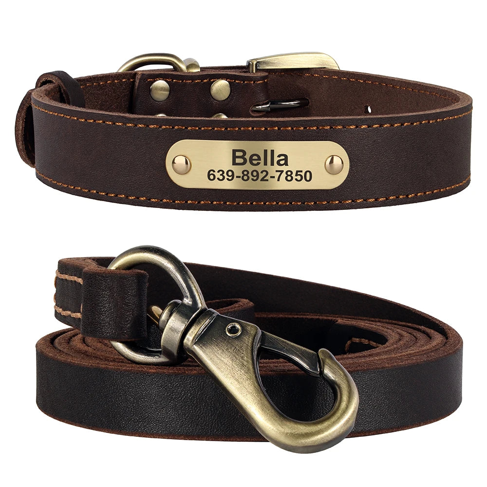 Ensemble collier et laisse pour chien en cuir marron avec plaque gravée personnalisable présenté sur un fond blanc.