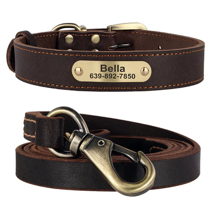 Ensemble collier et laisse pour chien en cuir marron avec plaque gravée personnalisable présenté sur un fond blanc.