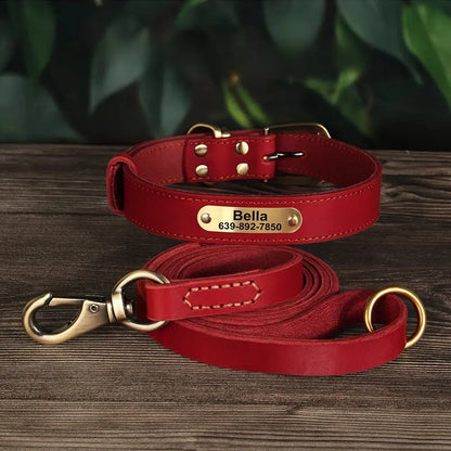 Ensemble collier et laisse pour chien en cuir rouge présenté comme facile à mettre et posé sur un fond bois foncé.