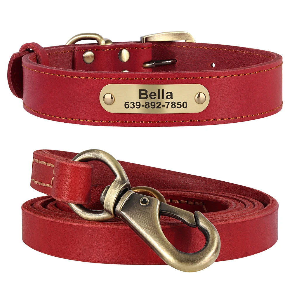 Ensemble collier et laisse pour chien en cuir rouge avec plaque gravée personnalisable présenté sur un fond blanc.