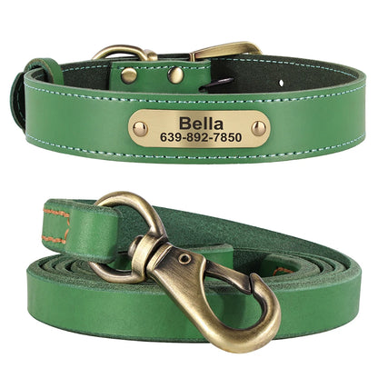 Ensemble collier et laisse pour chien en cuir vert avec plaque gravée personnalisable présenté sur un fond blanc.