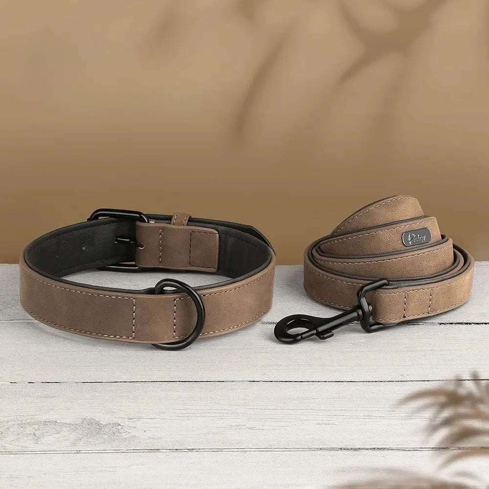 Ensemble collier et laisse marron pour chien présenté comme facile à mettre sur und parquet en bois gris et devant un fond marron.