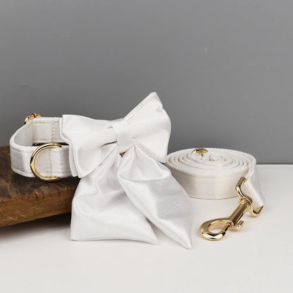 Ensemble collier et laisse pour chien blanc avec nœud détachable présenté sur un support en bois.