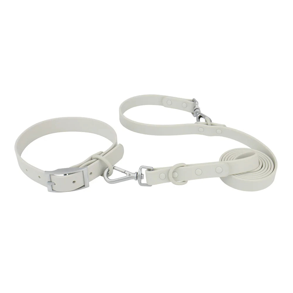 Ensemble collier et laisse imperméable pour chien en PVC gris avec bouclerie argentée.