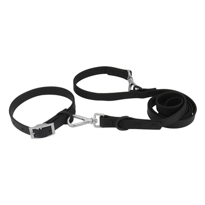 Ensemble collier et laisse imperméable pour chien en PVC noir avec bouclerie argentée.