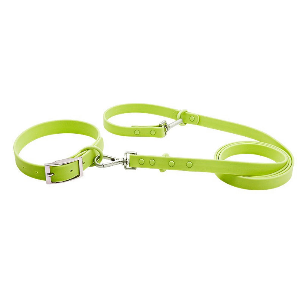 Ensemble collier et laisse imperméable pour chien en PVC vert avec bouclerie argentée.