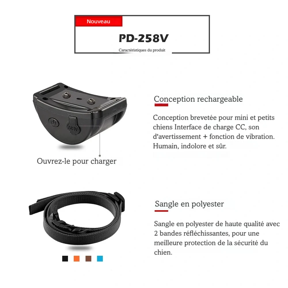 Présentation des détails produit avec boîtier noir et sangle de collier.