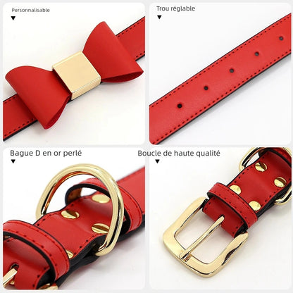 Détails du collier rouge pour chien avec nœud papillon, trous de réglage, anneau D et boucle dorée